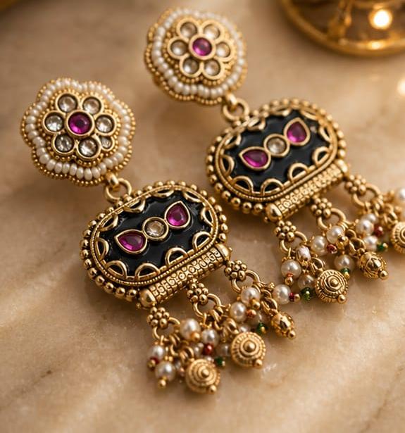 RIVORAH Pearl Emerald Drop Earrings