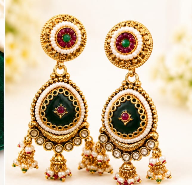 RIVORAH Pearl Emerald Drop Earrings