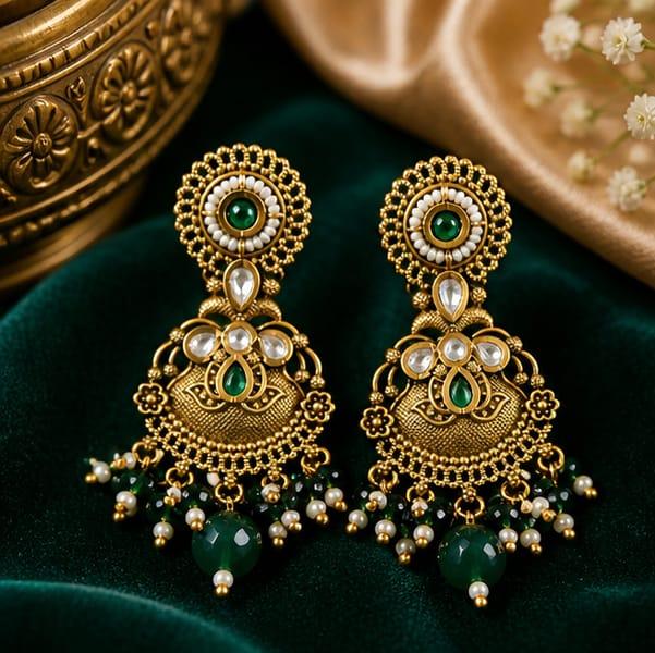RIVORAH Emerald Pearl Chandbali Earrings