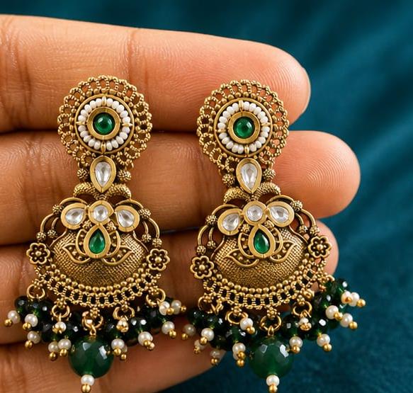 RIVORAH Emerald Pearl Chandbali Earrings