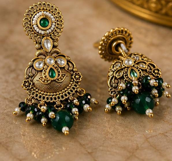 RIVORAH Emerald Pearl Chandbali Earrings