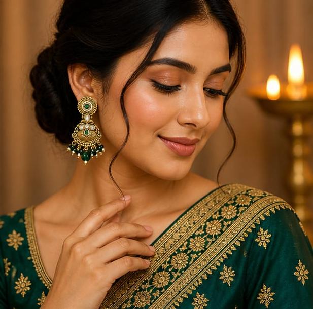 RIVORAH Emerald Pearl Chandbali Earrings