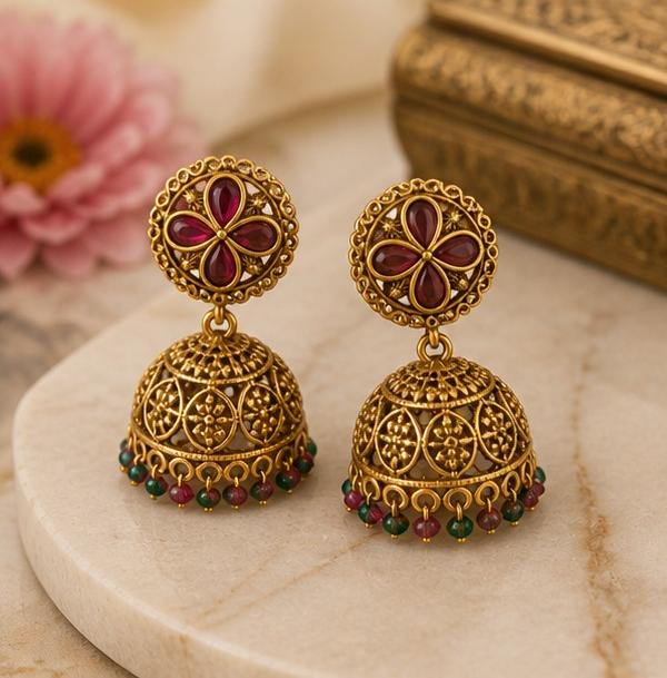 RIVORAH Ruby Floral Temple Jhumka Earrings
