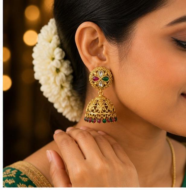 RIVORAH Ruby Floral Temple Jhumka Earrings