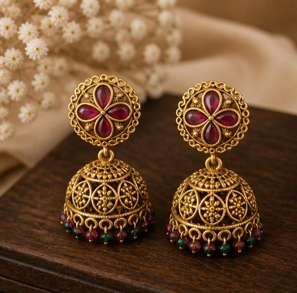 RIVORAH Ruby Floral Temple Jhumka Earrings