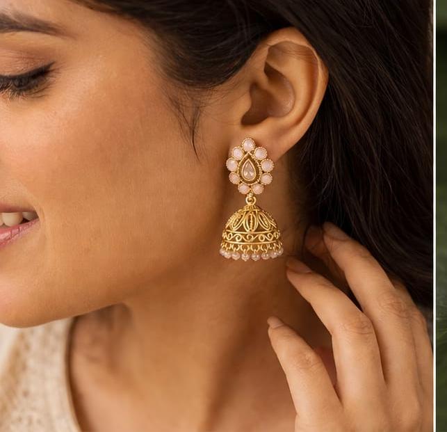 RIVORAH Pearl Drop Temple Jhumka Earrings