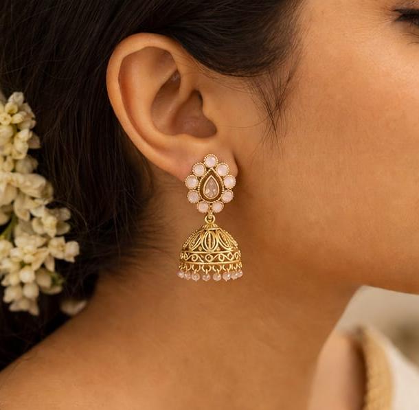 RIVORAH Pearl Drop Temple Jhumka Earrings