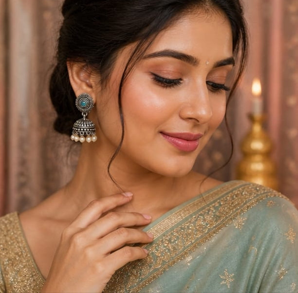 Rivorah Oxidised Pearl Drop Jhumki