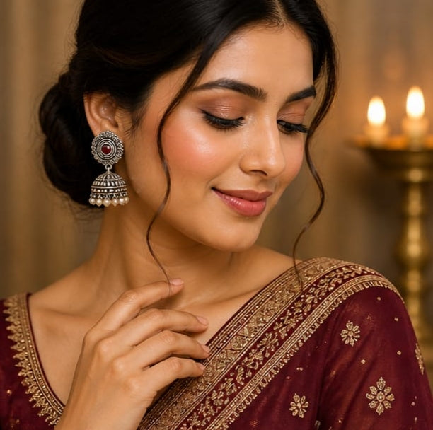 Rivorah Oxidised Pearl Drop Jhumki