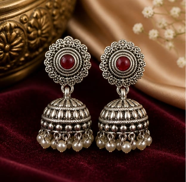 RIVORAH Turquoise Oxidised Jhumka Earrings