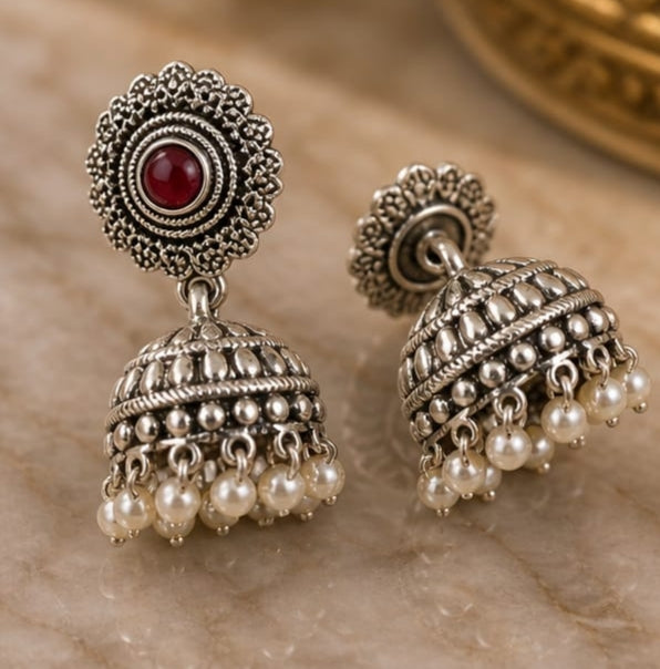 RIVORAH Turquoise Oxidised Jhumka Earrings