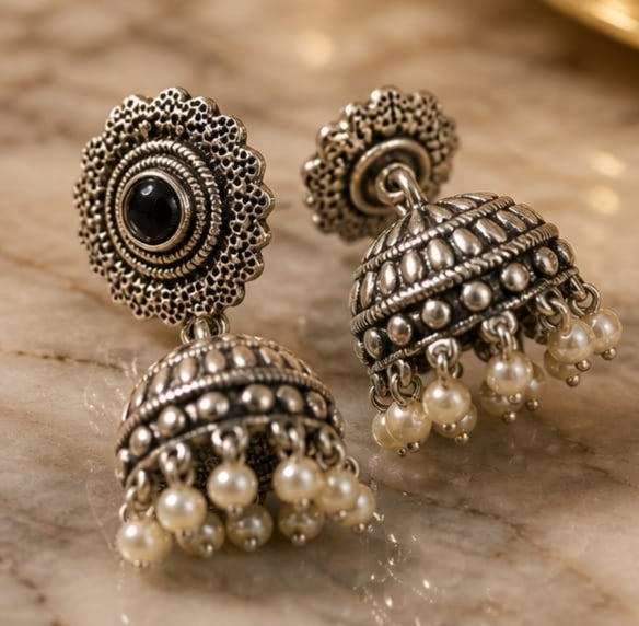 RIVORAH Turquoise Oxidised Jhumka Earrings