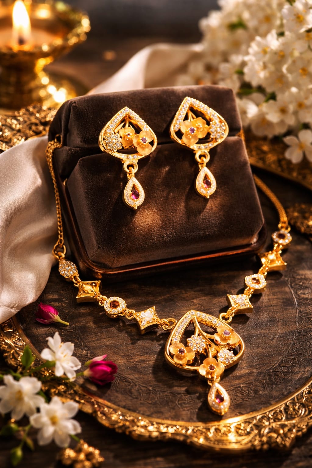 RIVORAH Floral Drop Pendant Necklace Set