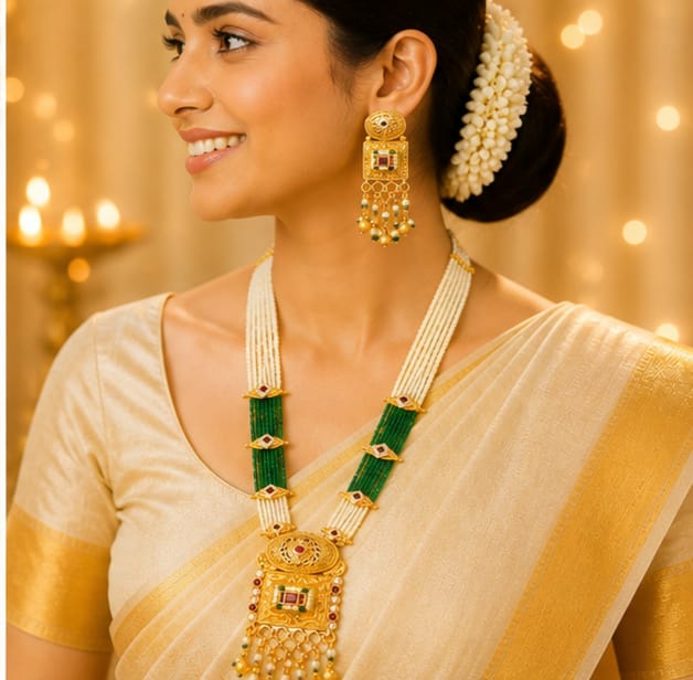 Rivorah Maharani Green Pearl Layered Haar Set